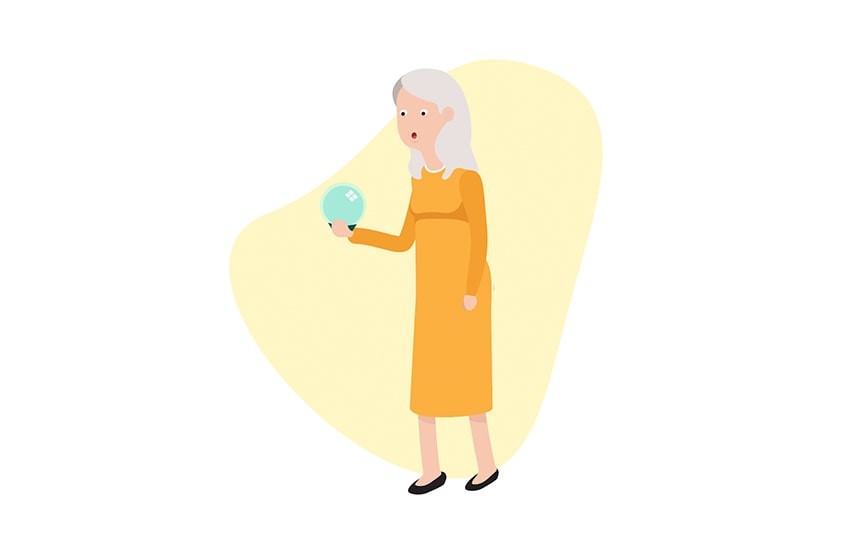 senior woman looking into a crystal ball at her future needs