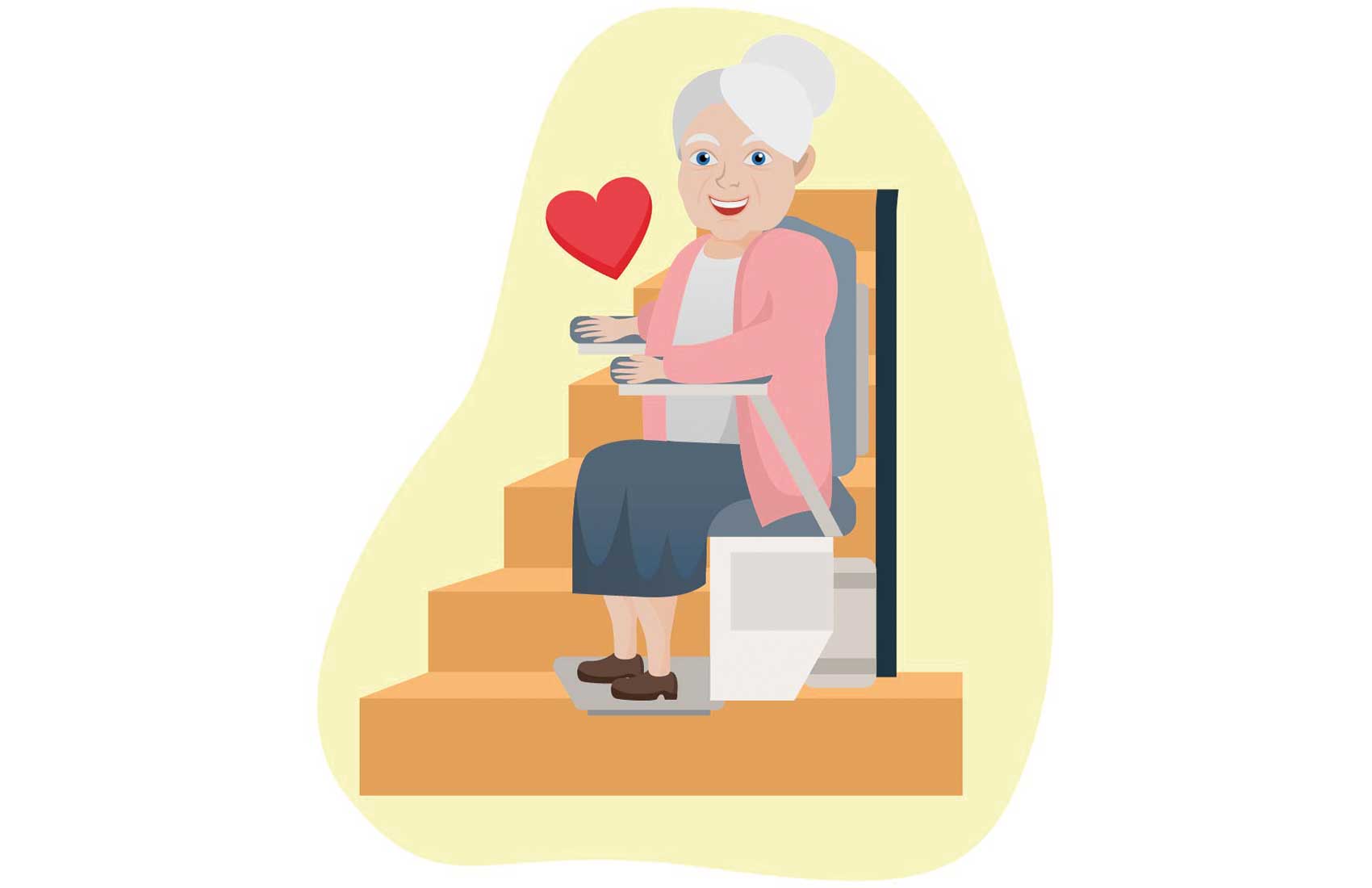 Senior woman sitting on a stairlift on a curved staircase