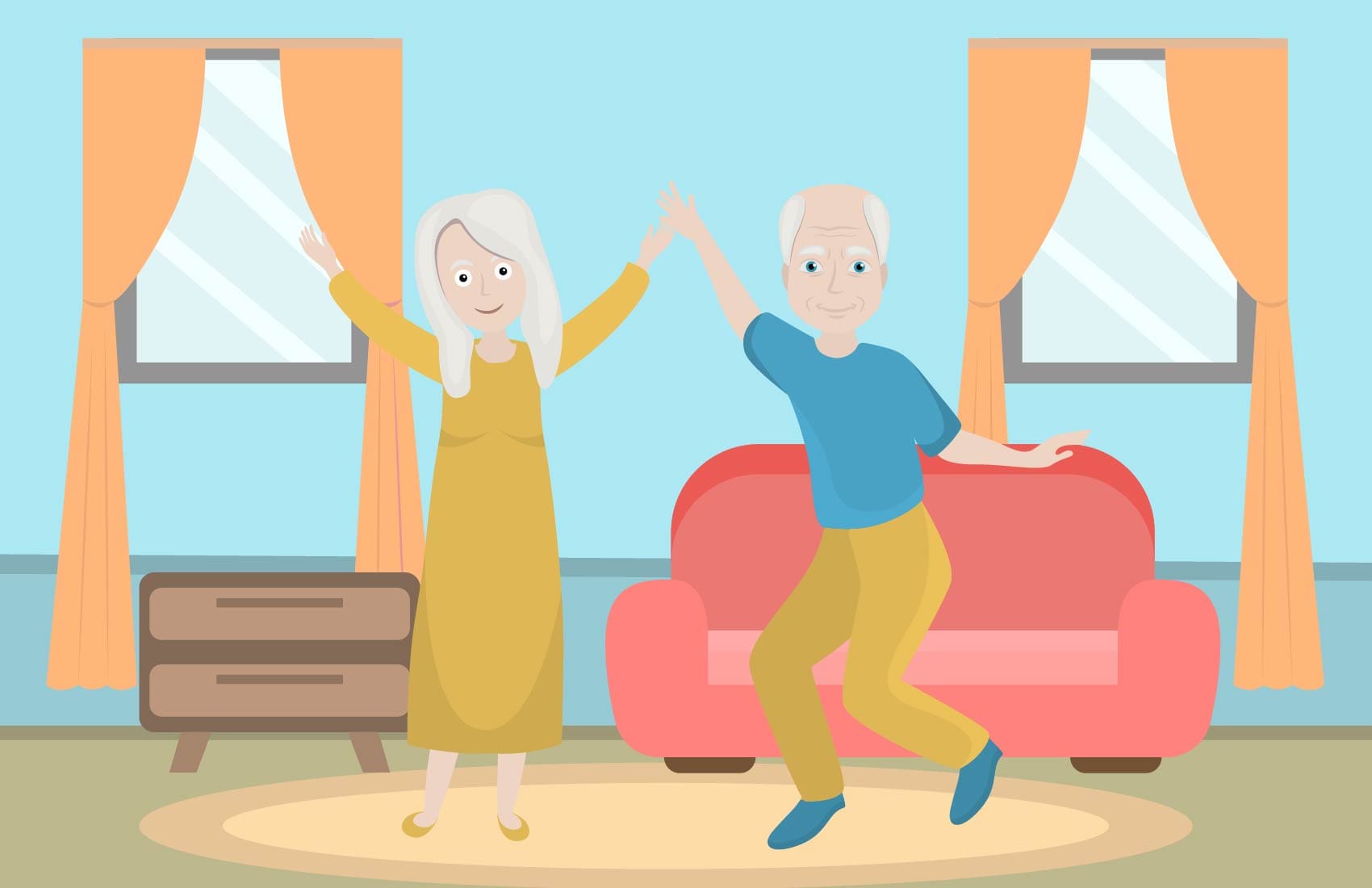 Senior man and woman dancing in an open room