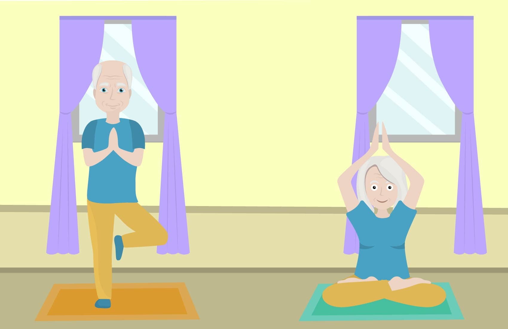 Senior man and woman performing simple yoga poses indoors