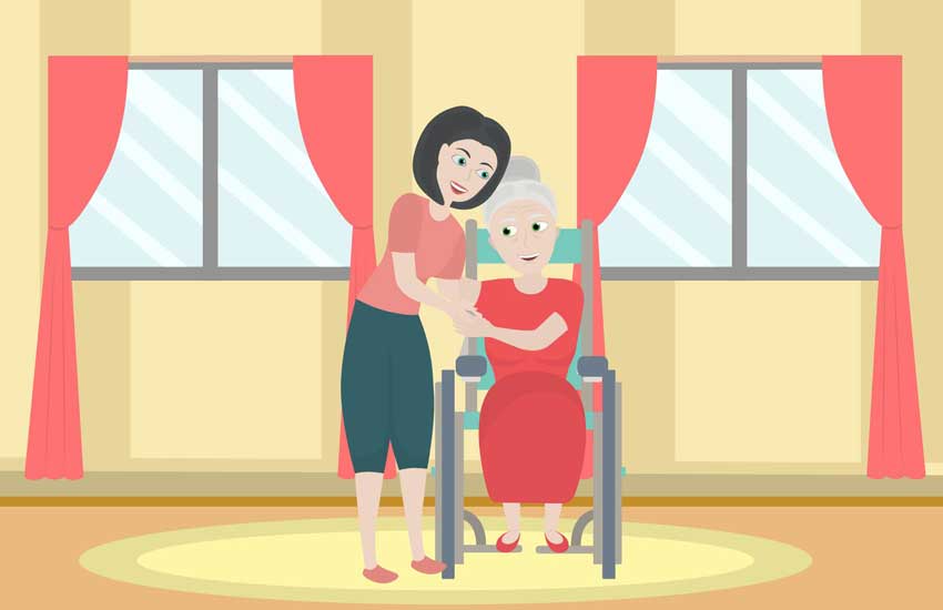 Daughter hugging elderly mother in wheelchair