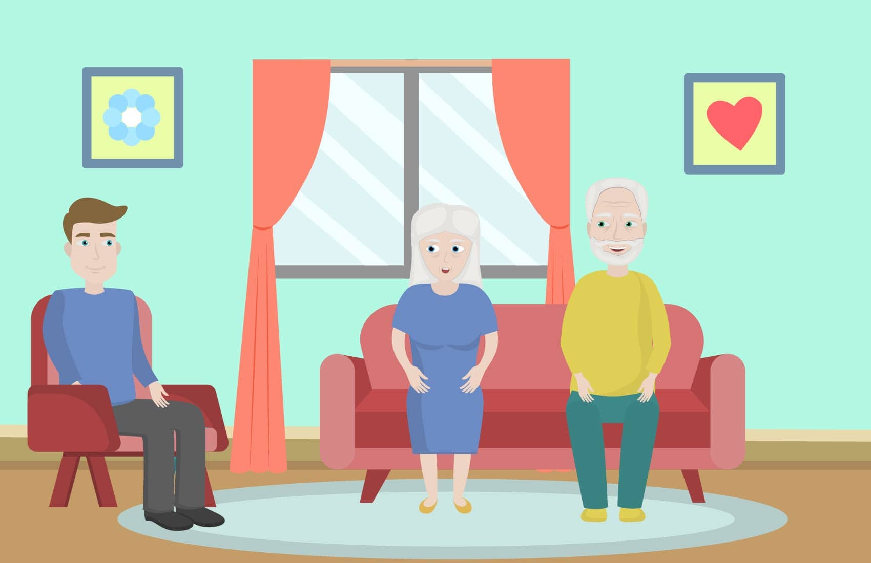 Elderly parents sitting on couch talking to son