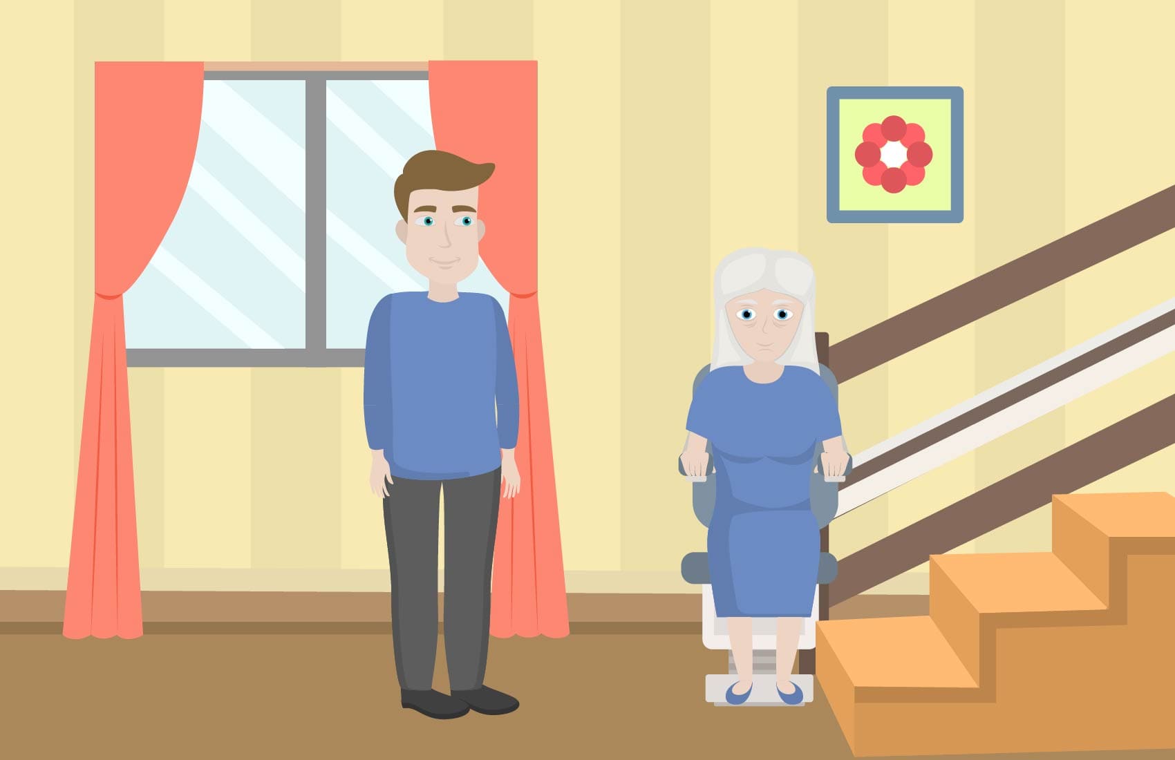 Son standing next to elderly mother on a stairlift