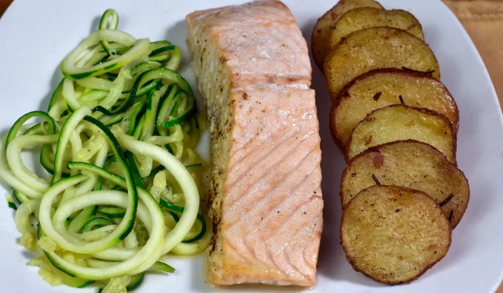 Baked Salmon with Zucchini and Sweet Potatoes